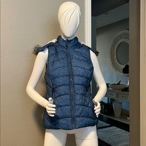 GREEN TEA Womens Zip Puffer Vest Faux Fur Lined Removable Hood Blue size S